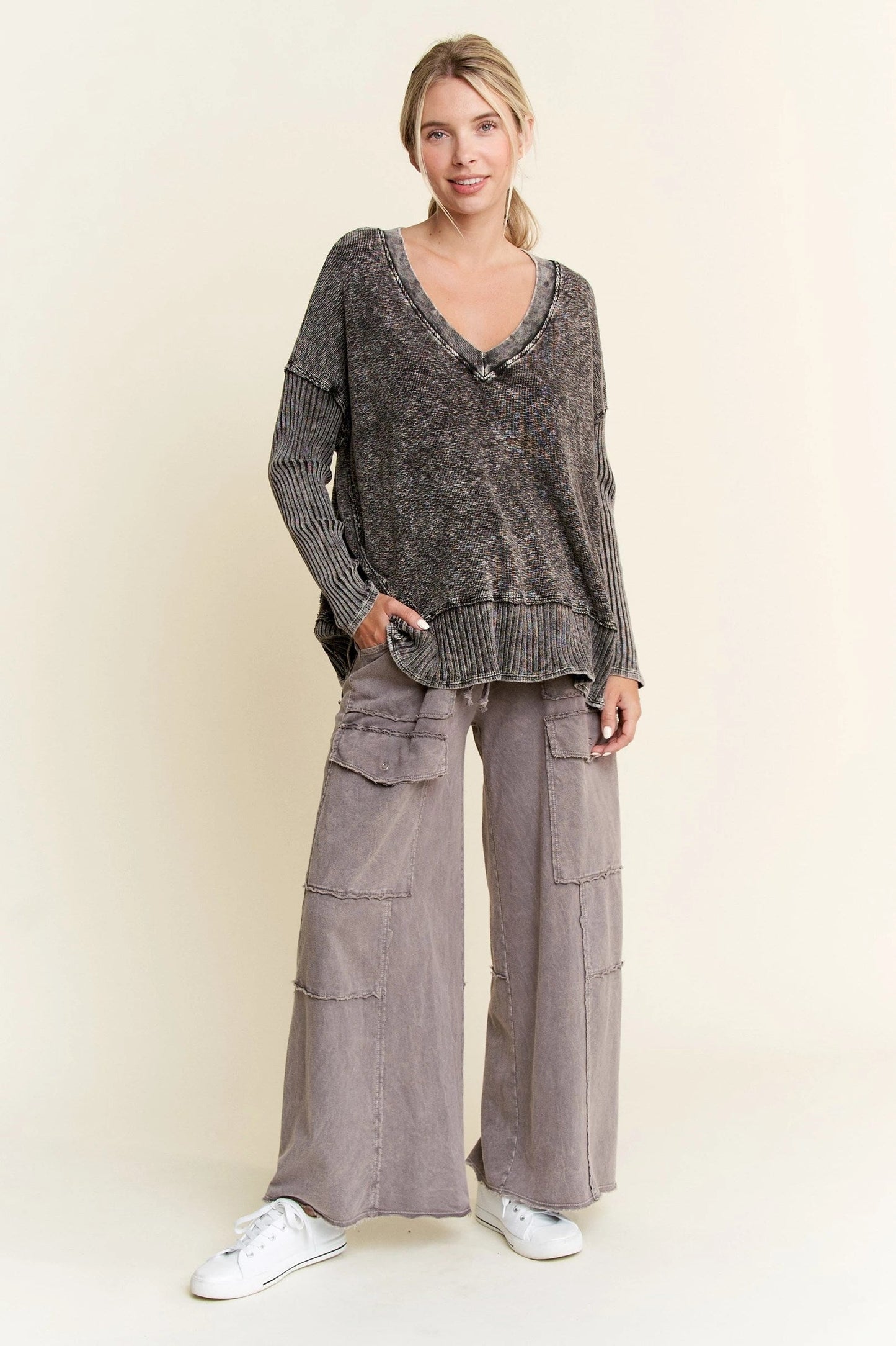 Mineral Wash Deep V-neck Melange Sweater (Ashed Black)