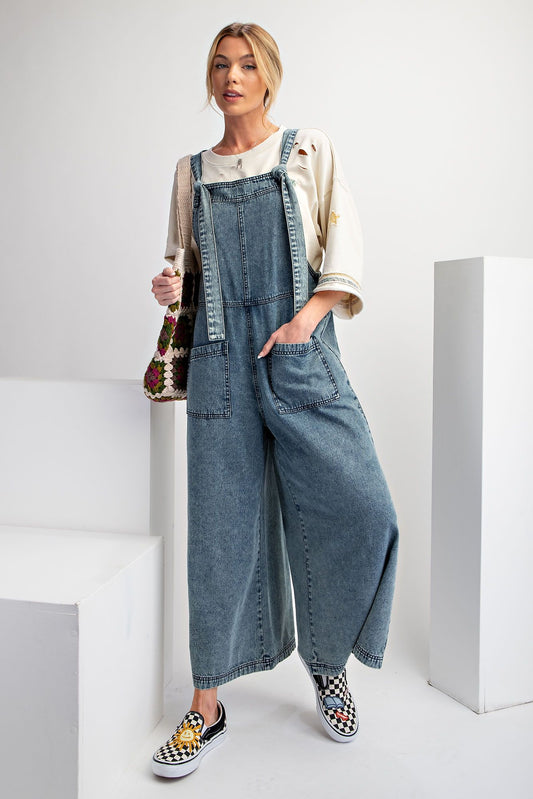 Easel- Stone Wash Wide Leg Overalls (Washed Denim)