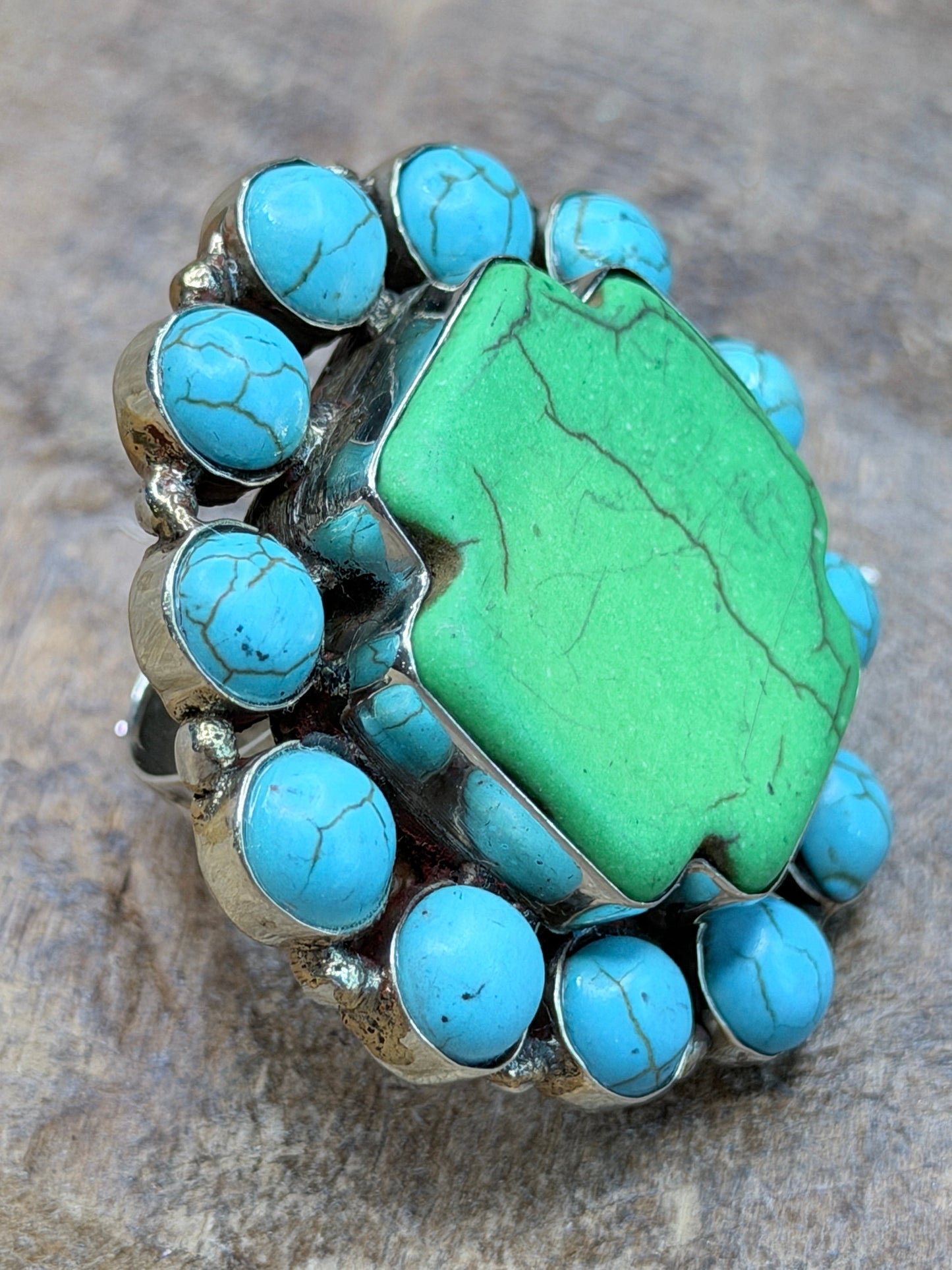German Silver Green Howlite and Turquoise Ring