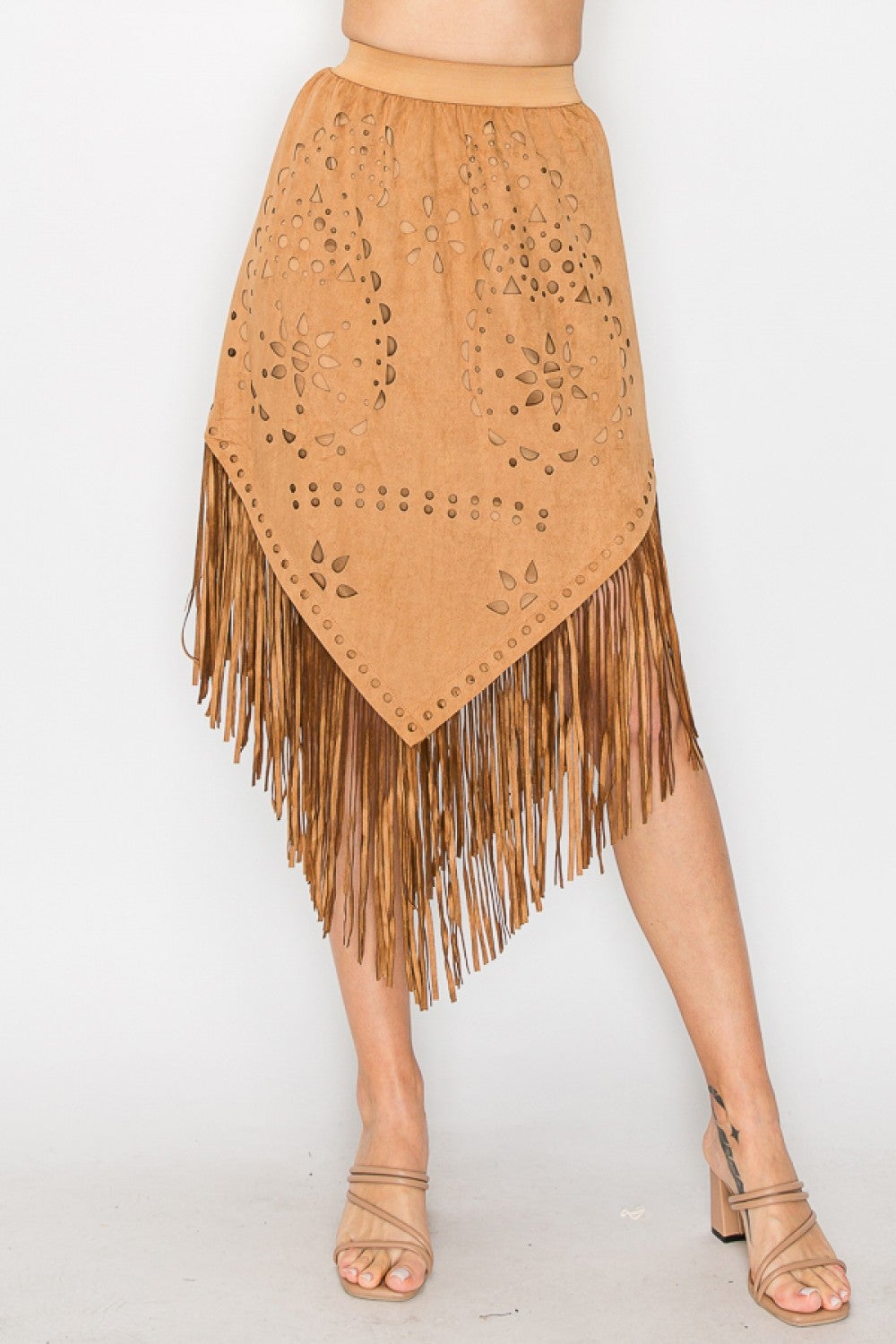 Origami- Faux Suede Fringe Skirt (Camel)
