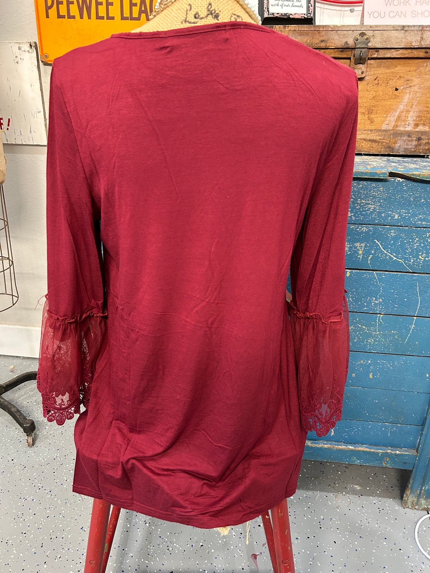 Origami- Lace 3/4 Sleeve Top (Wine Red)