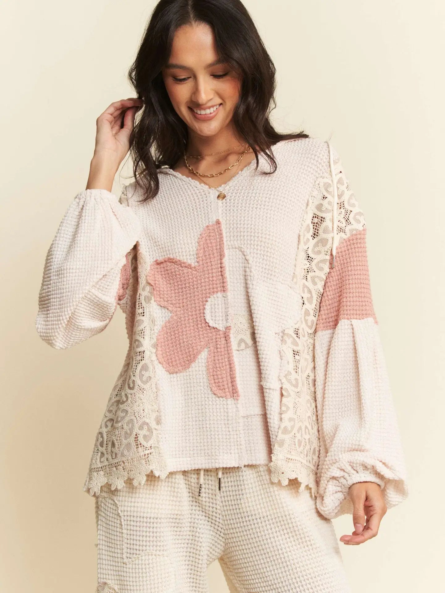 Davi & Dani- Oversized Flower Patch Knit Top (Pink)