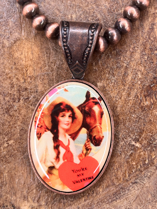 You're My Valentine Cowgirl Pendant on Bronze Necklace