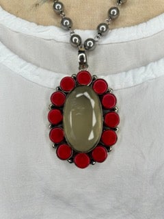 Cloudy Quartz and Red Coral Necklace