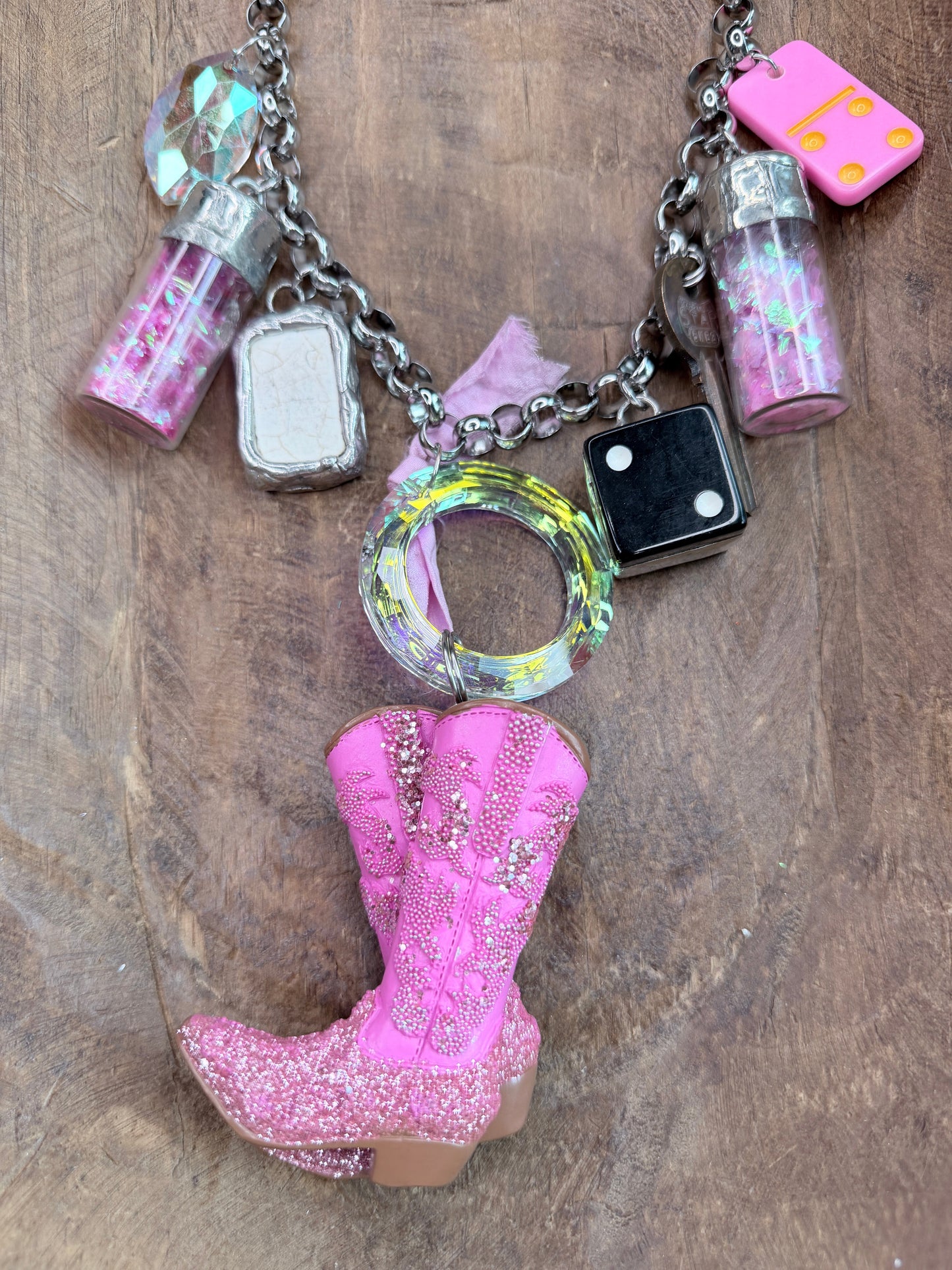 Pink Glitter Cowgirl Charm Necklace