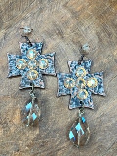 Art by Amy-Rhinestone Brassy Metal Cross Earrings