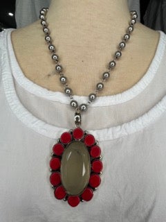 Cloudy Quartz and Red Coral Necklace
