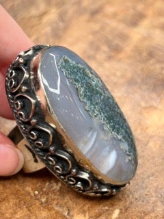 German Silver Blue Moss Agate Ring C