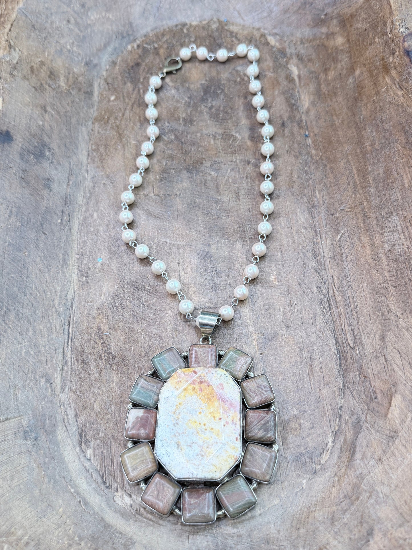 German Silver Jasper and Fossil Agate Necklace