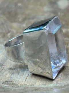 German Silver Rectangle Pink Quartz Ring
