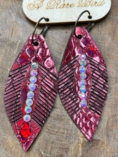 Rare Bird- Red Leather Feather Rhinestone Earrings