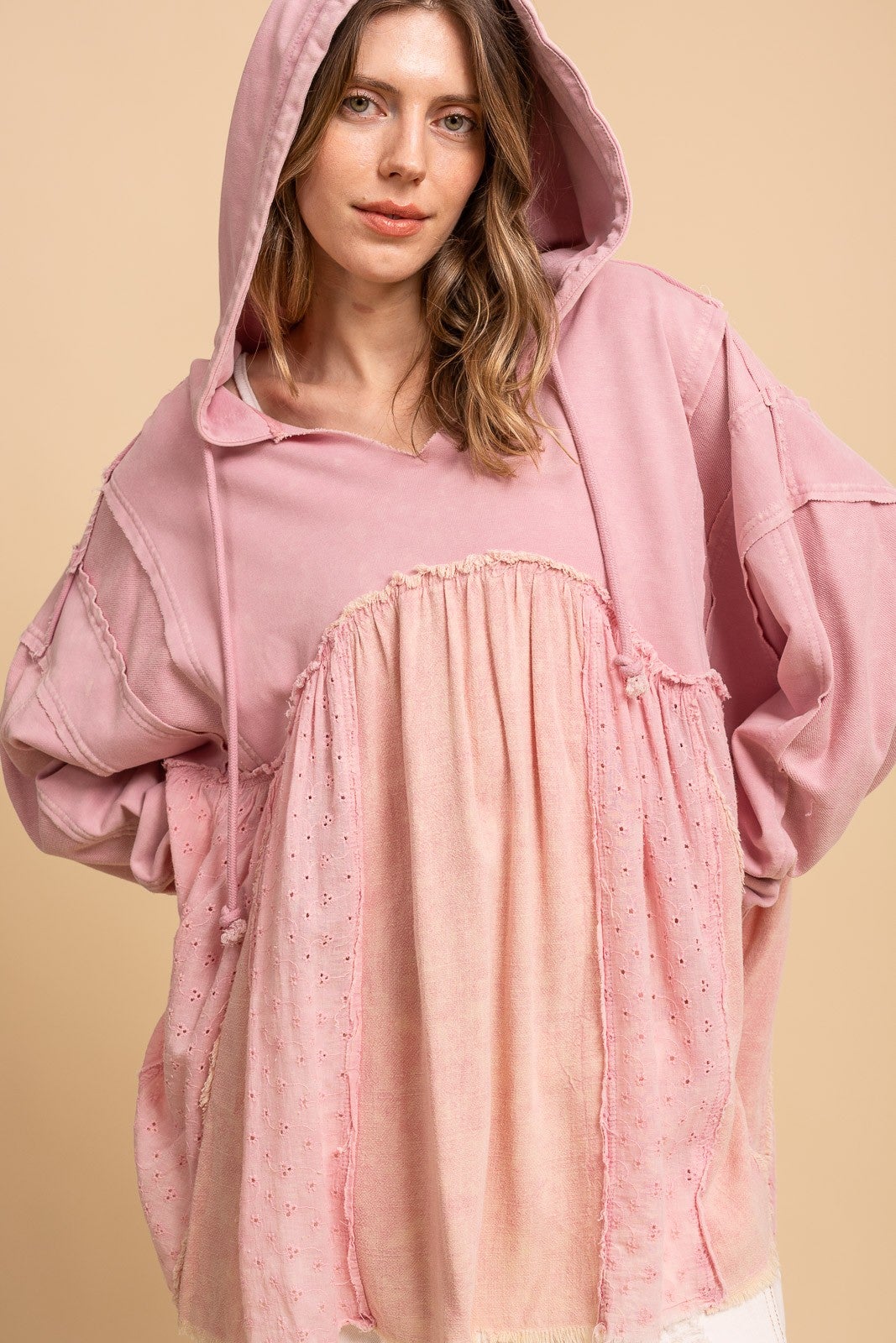 BlueVelvet- Washed Eyelet Ruffle Babydoll Hoodie (Pink) *Final Sale*