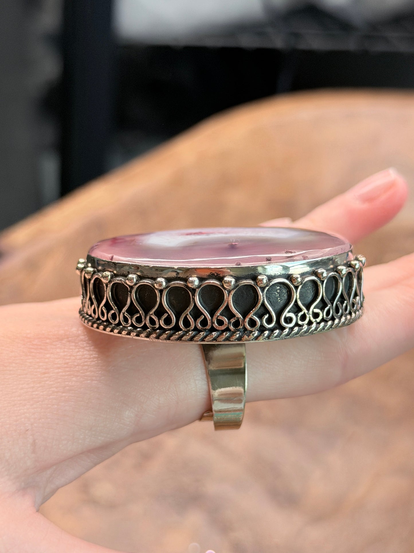 German Silver Pink Banded Agate Circle Ring
