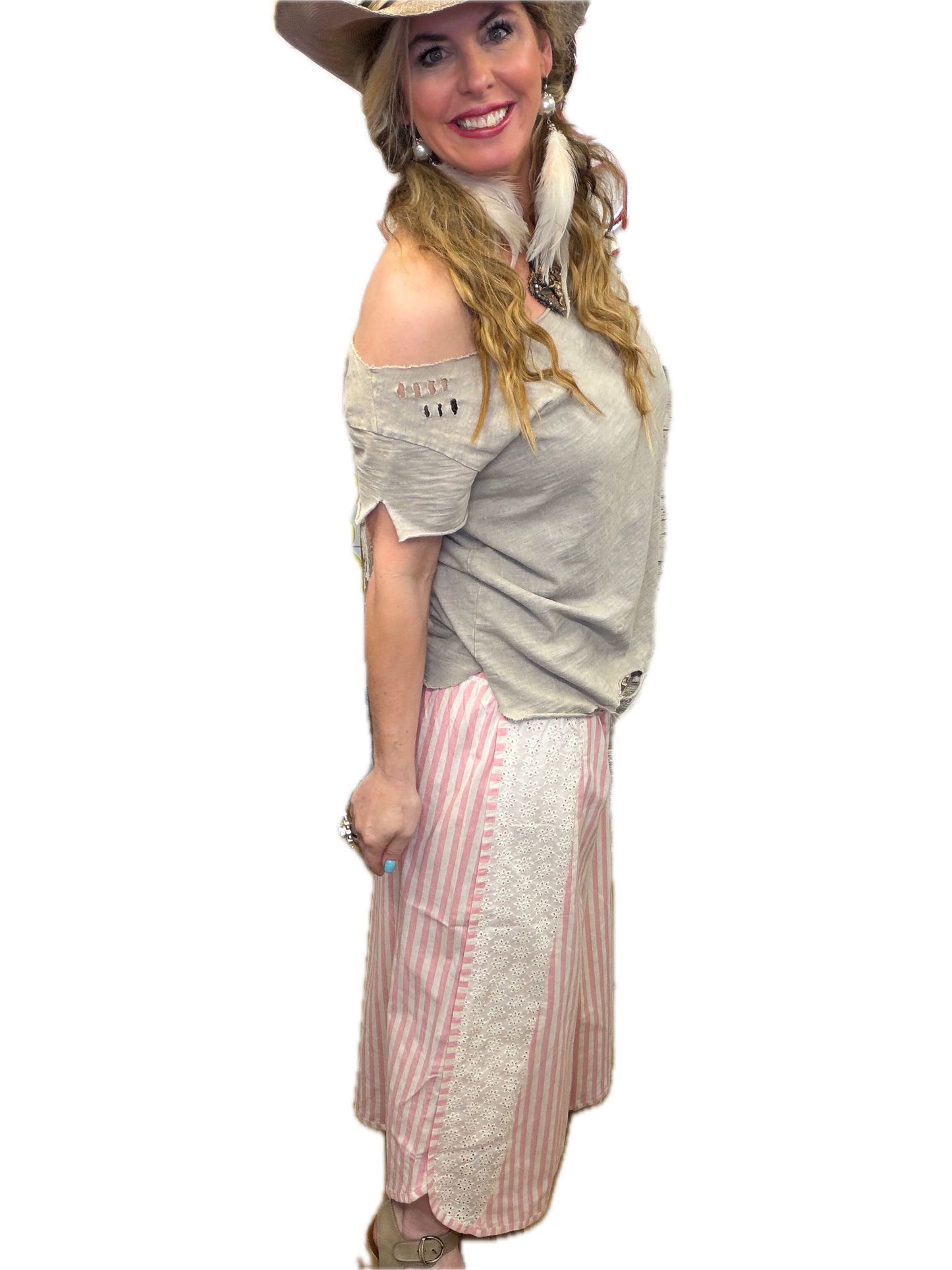BiBi- Striped Floral Eyelet Pants