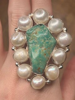 Natural Cut German Silver Pearl and Turquoise Ring B