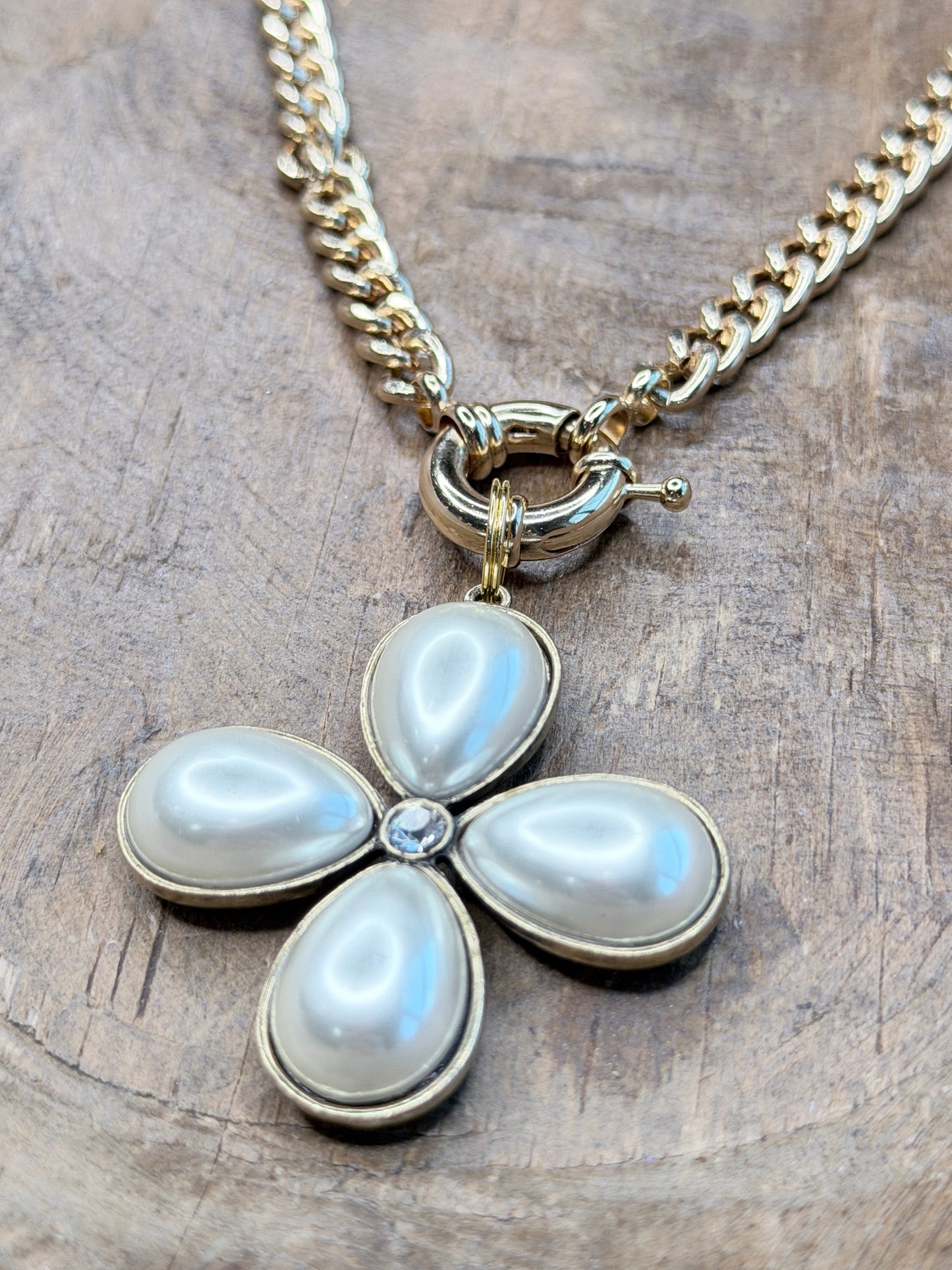 Golden Pearl Clover Necklace