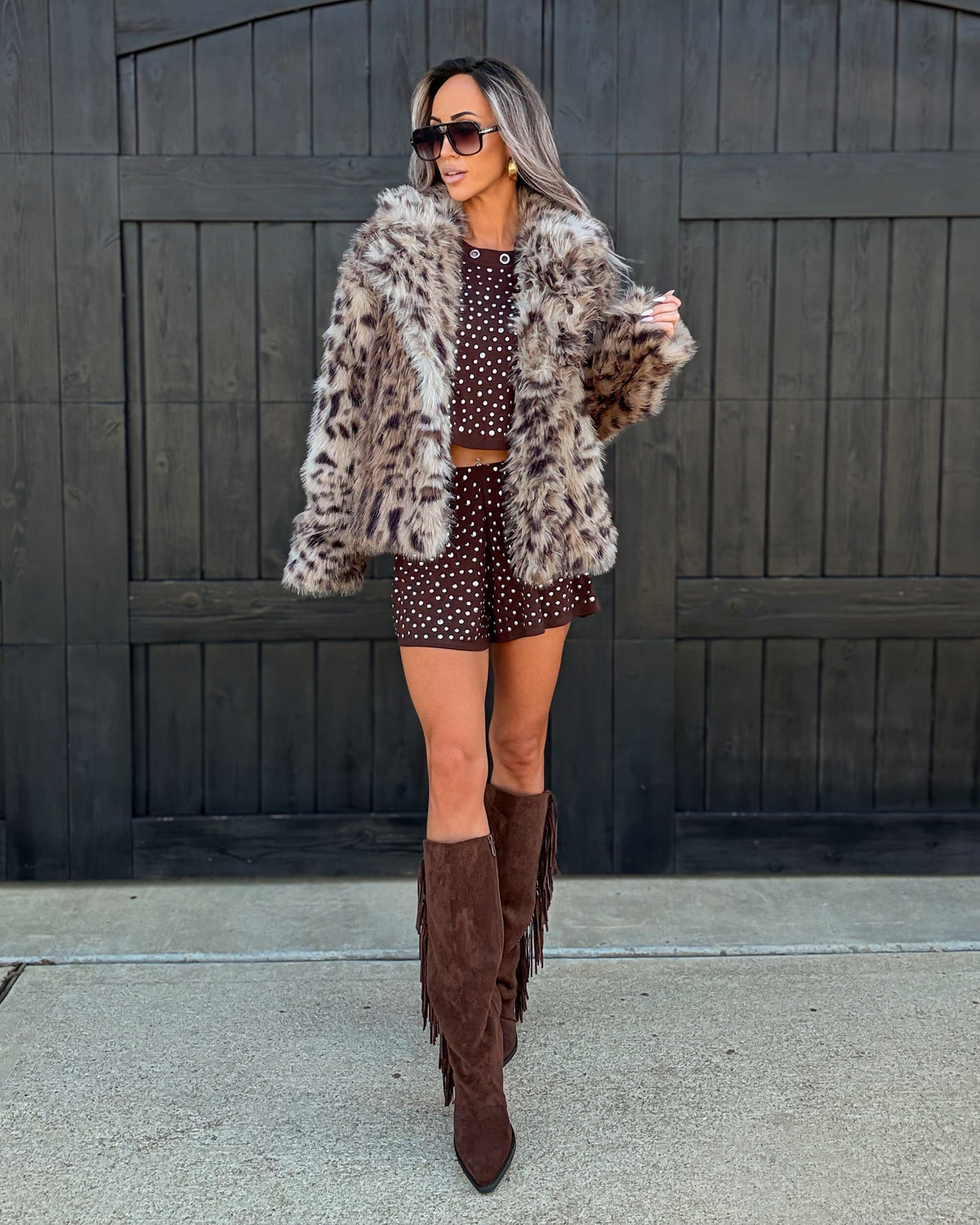 Sultry Southern Studded Shorts Set - Brown