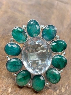 German Silver Emerald and Quartz Cluster Ring