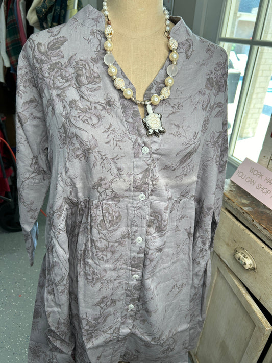 Paper Lace- Floral Button Down Linen Shirt (Grey)