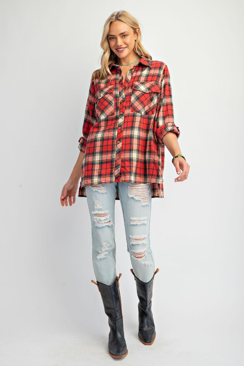 Easel- Acid Wash Button Down Plaid (Red)
