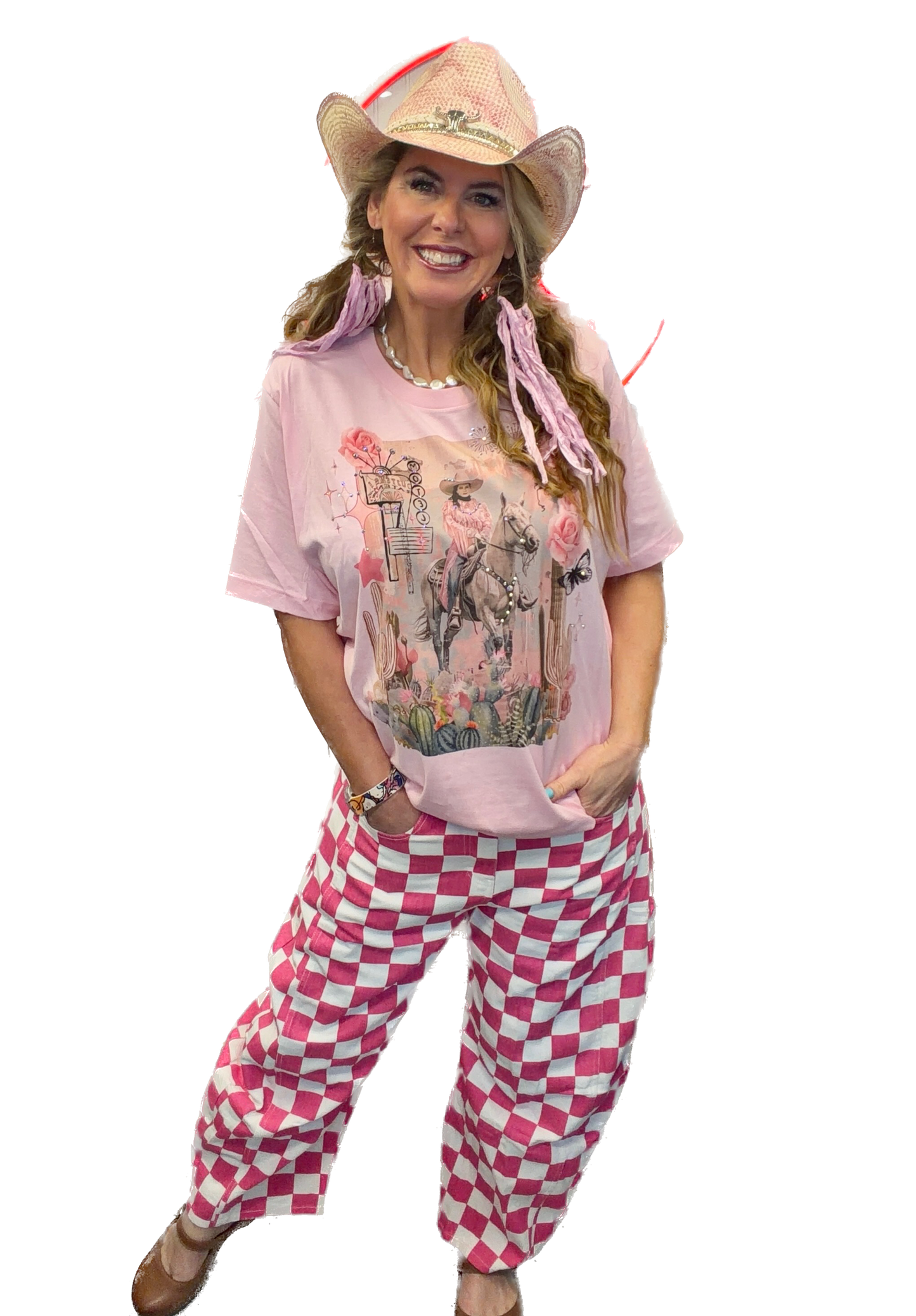 Oddi- Checkered Printed Barrel Denim Pants (Pink) *Final Sale*