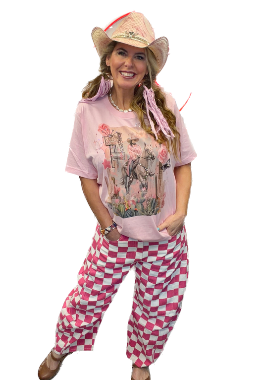 Oddi- Checkered Printed Barrel Denim Pants (Pink) *Final Sale*