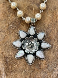 Tibetan Silver Mother of Pearl Flower Necklace