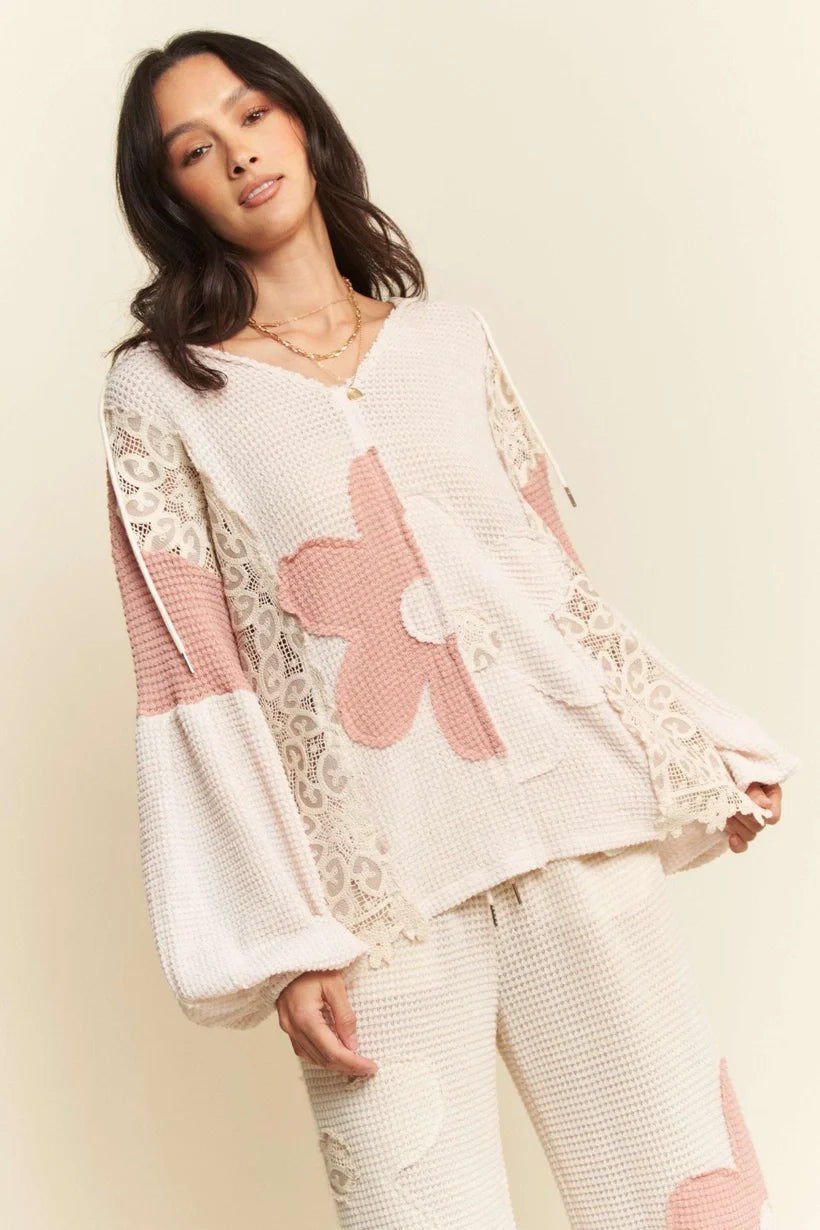 Davi & Dani- Oversized Flower Patch Knit Top (Pink)