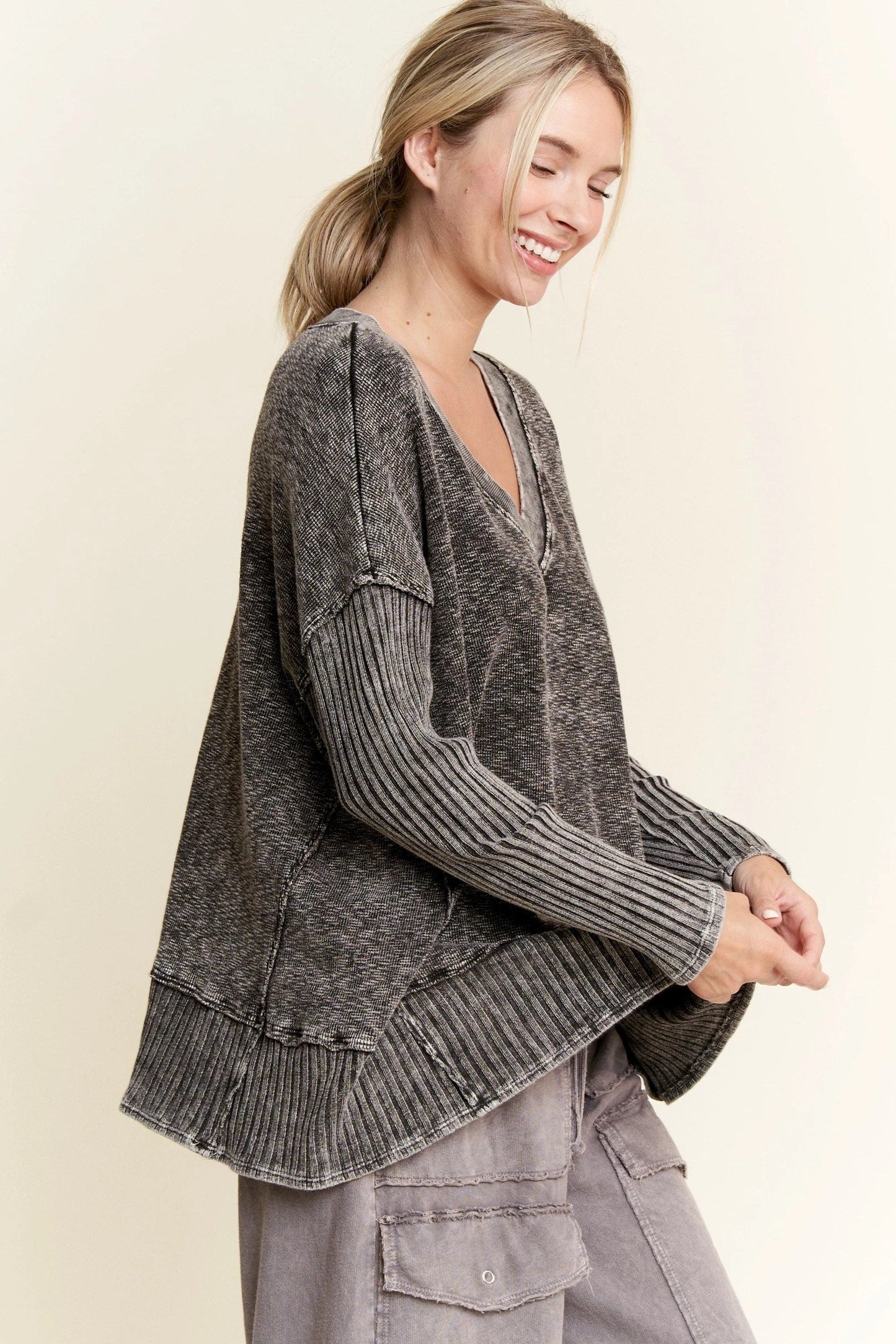 Mineral Wash Deep V-neck Melange Sweater (Ashed Black)
