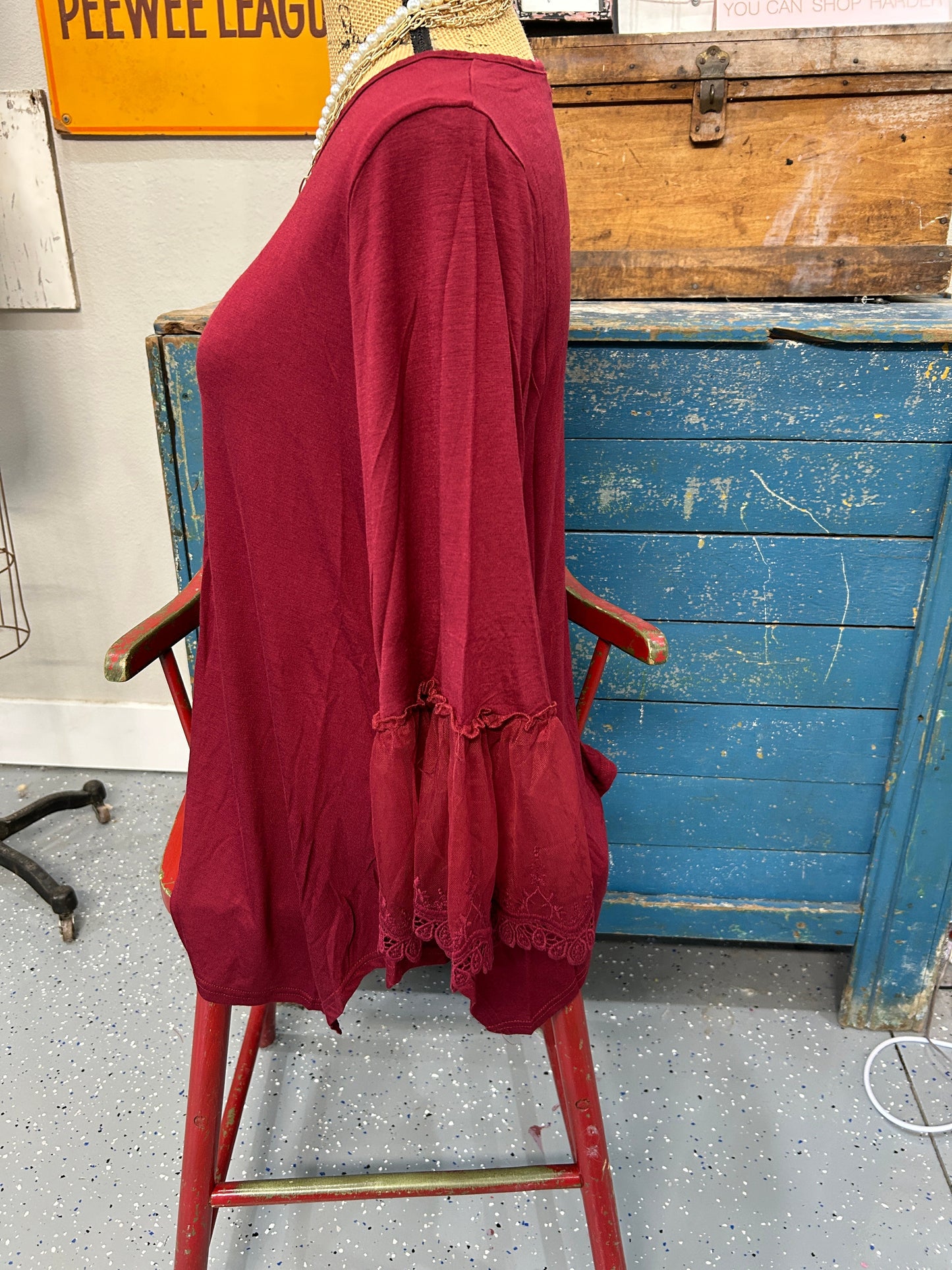 Origami- Lace 3/4 Sleeve Top (Wine Red)