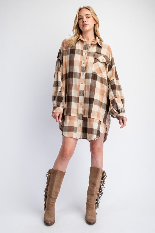 Easel- Plaid Yarn Dye Oversized Shirt Dress (Coral Brown)
