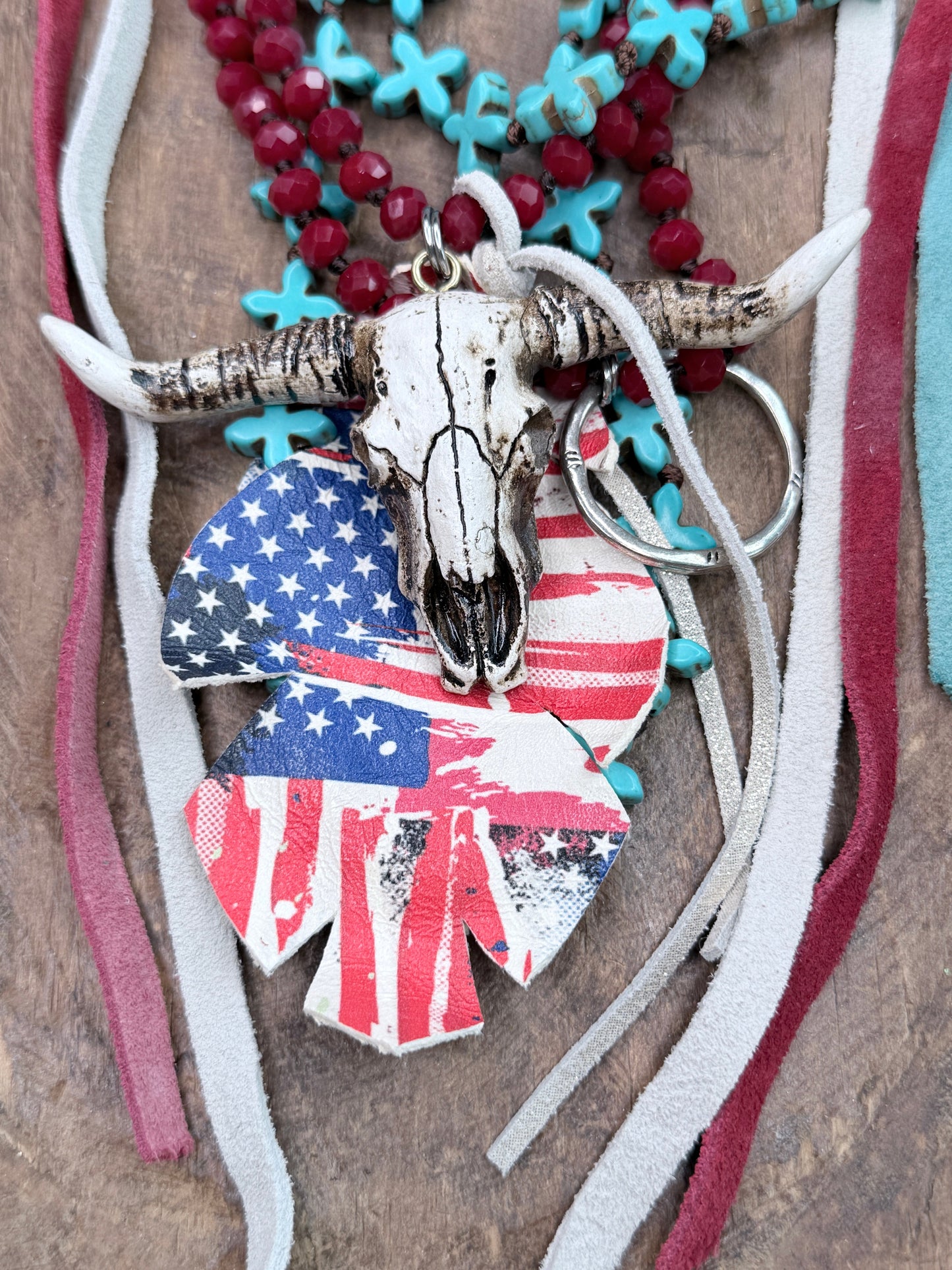 Red, White, and Blue Beaded Skull Necklace