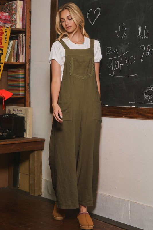 S-2x!  Oddi- Wide Leg Cotton Gauze Jumpsuit (DK Moss)