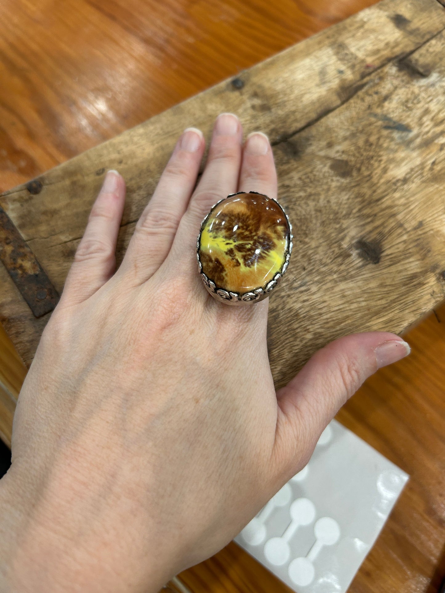 Small German Silver Oval Natural Moss Agate Ring