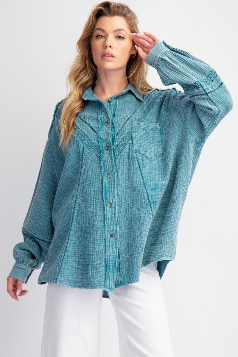 Easel- Washed Crochet Tape Cotton Gauze Shirt (Faded Teal)