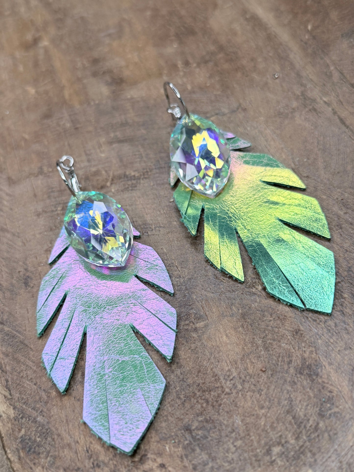 Rhinestone and Leather Feather Earrings (Green)