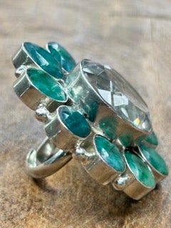 German Silver Emerald and Quartz Cluster Ring