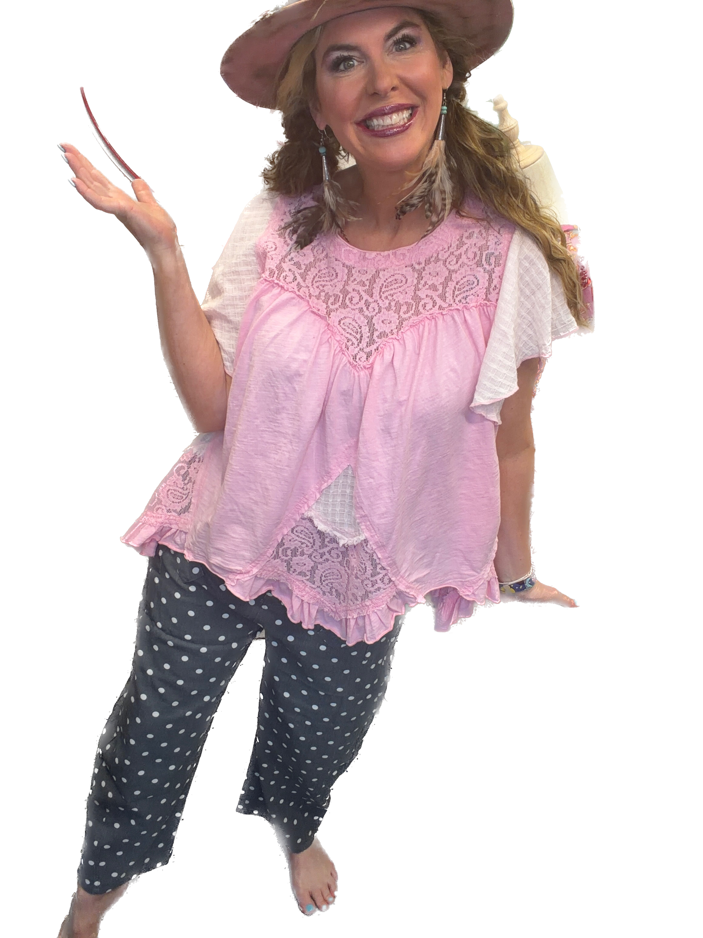 Oddi- High-rise Denim Polka Dot Bow-tied Pants (Denim)