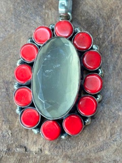 Cloudy Quartz and Red Coral Necklace