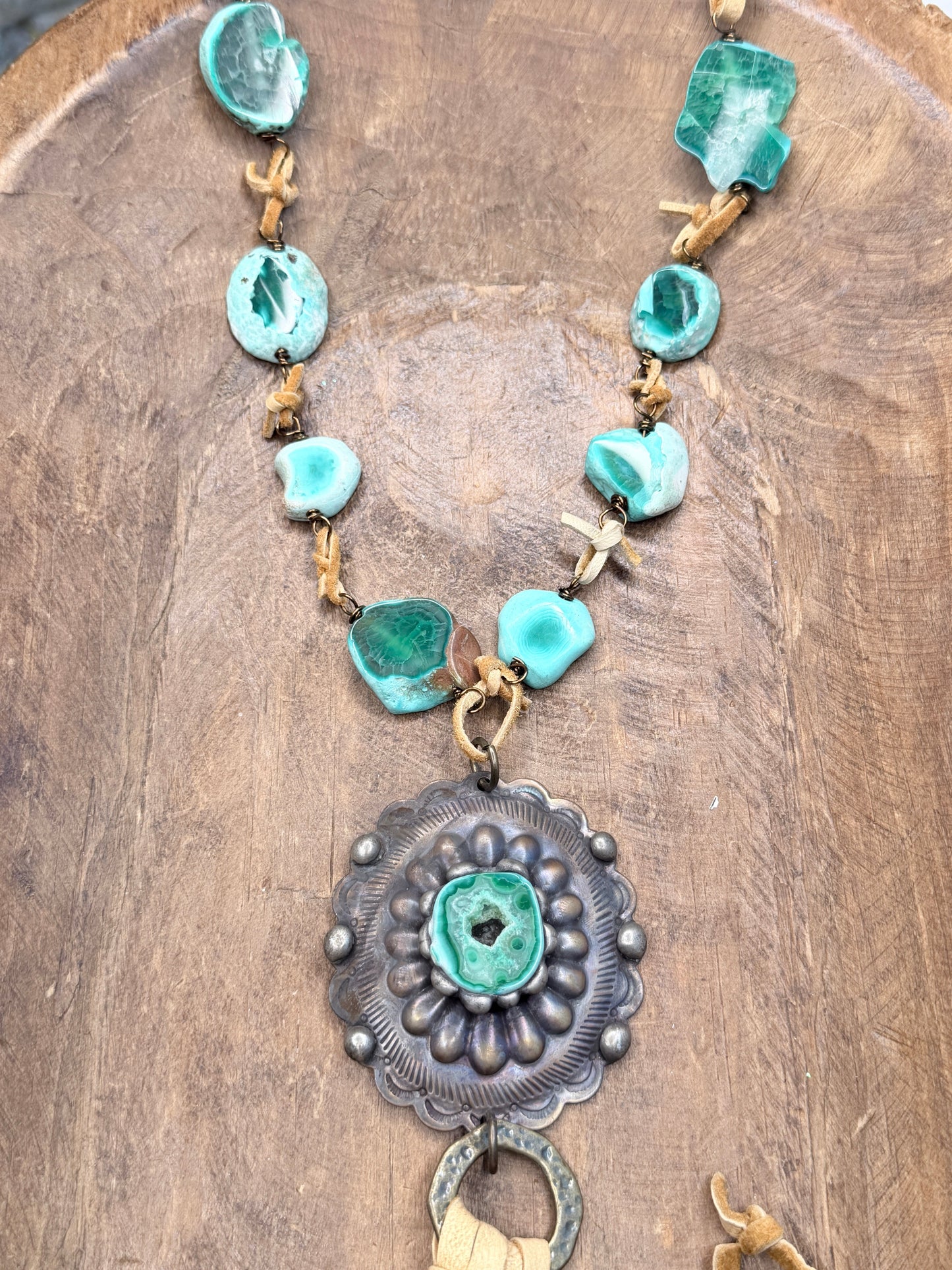 Art by Amy- Malachite Slab and Leather Fringe Necklace