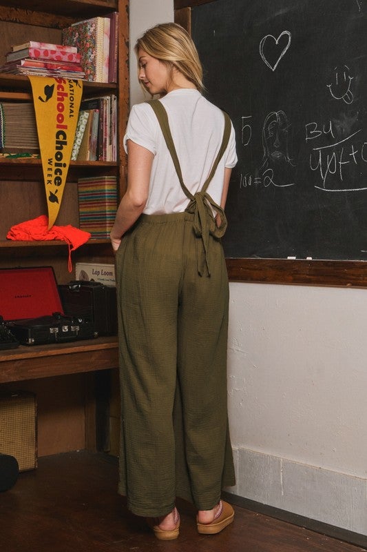S-2x!  Oddi- Wide Leg Cotton Gauze Jumpsuit (DK Moss)