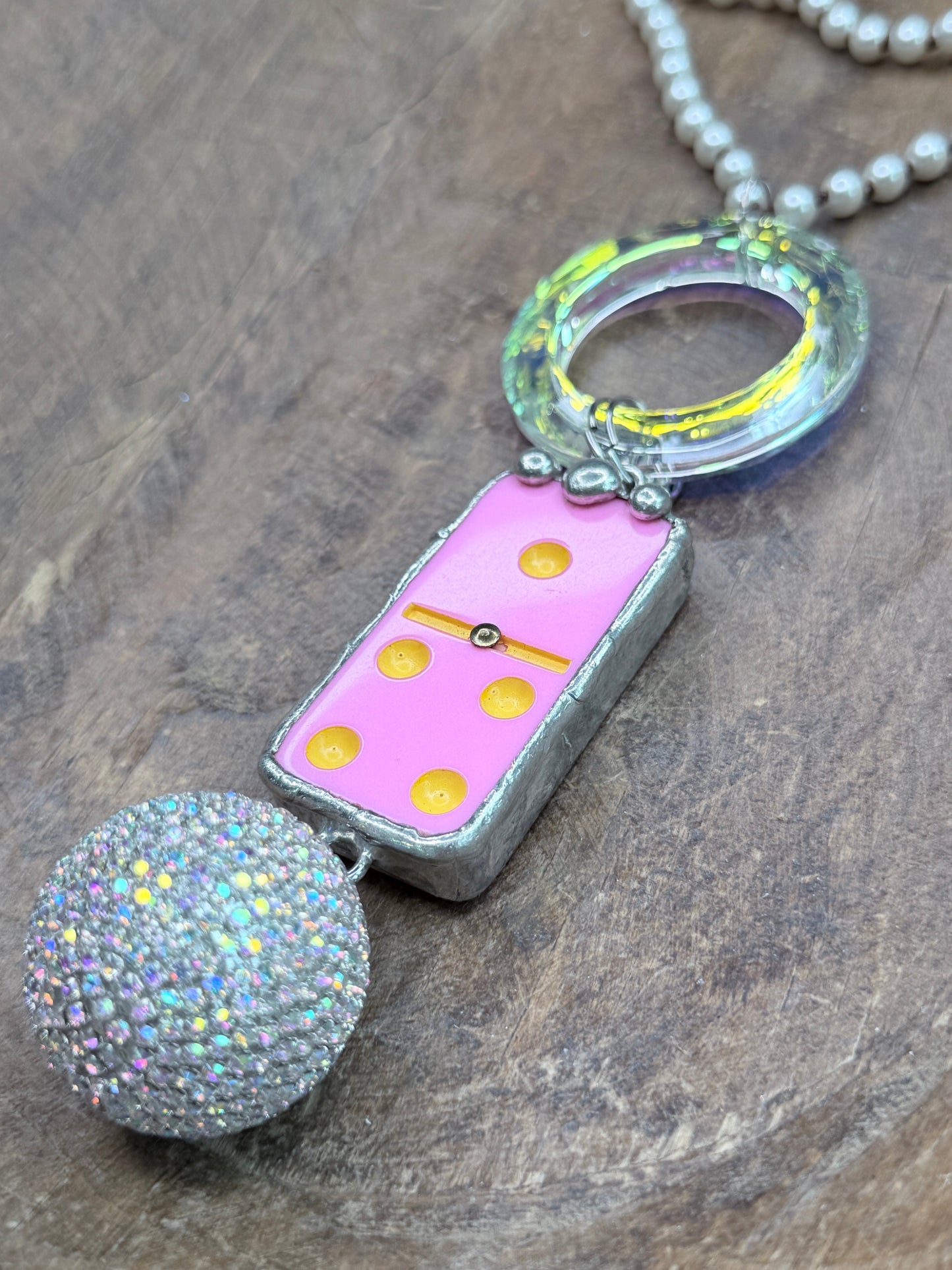 Pink Iridescent Domino and Disco Ball Necklace