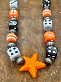 Art By Amy- Stars and Dice Necklace (Orange and Black)