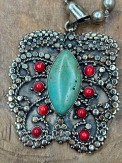 German Silver Coral and Turquoise Necklace