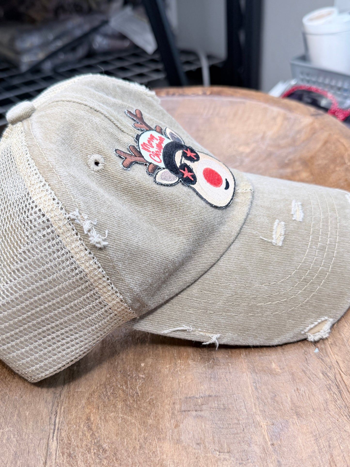 Merry Christmas Reindeer Patch Ball Cap/Hat (Tan) - ERR ORIGINAL