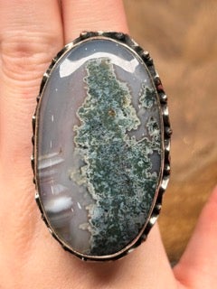 German Silver Blue Moss Agate Ring C