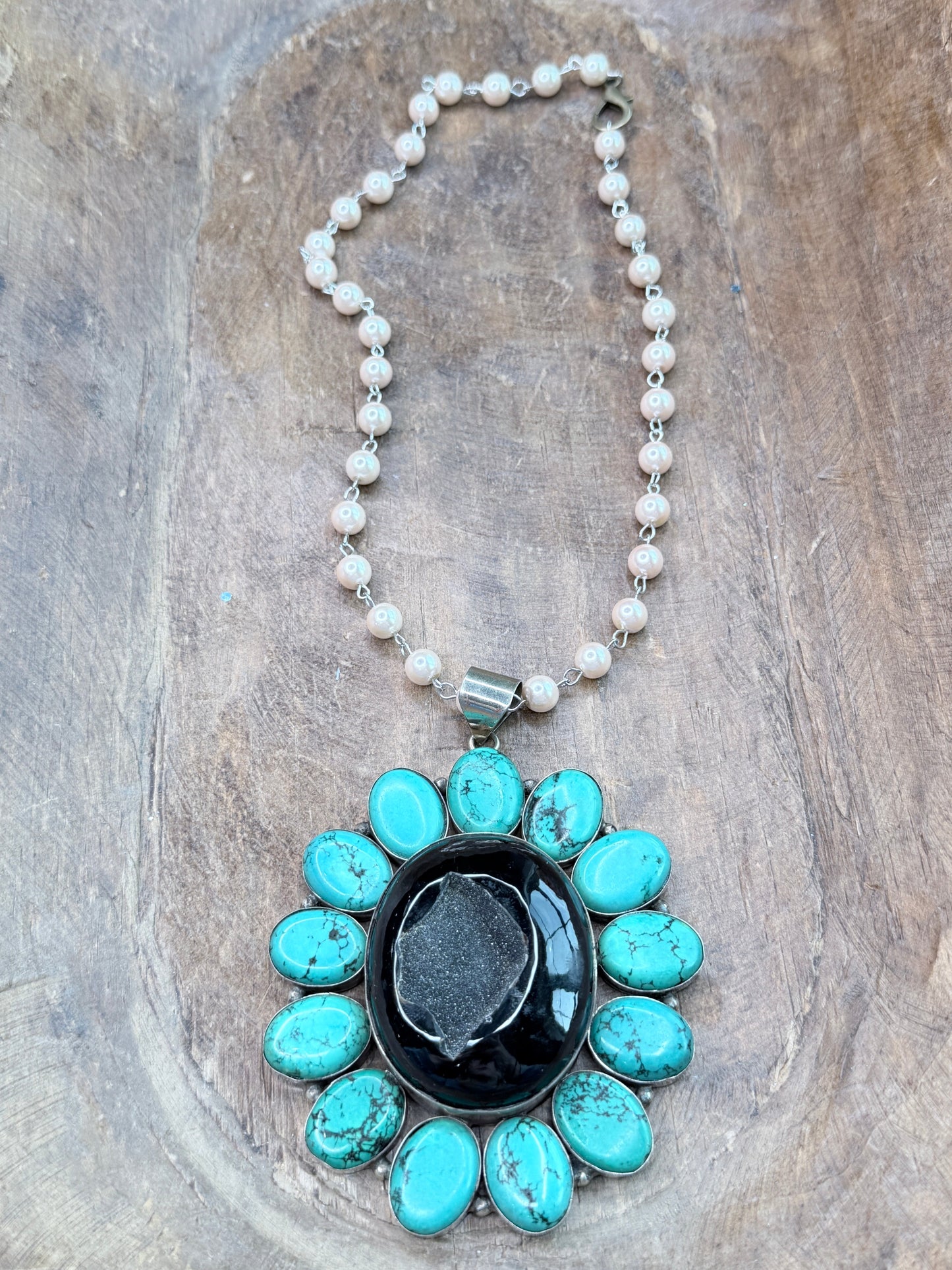 German Silver Turquoise and Druzy Black Agate Necklace
