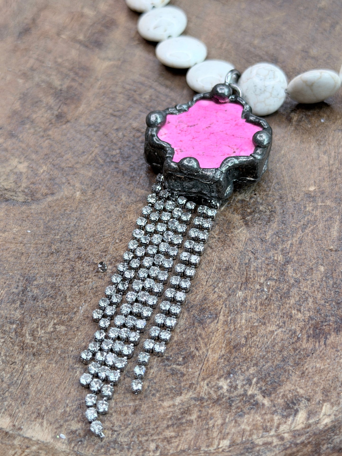 Soldered Pink Howlite and Rhinestone Fringe Necklace