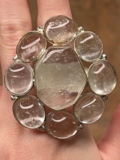German Silver Rough Cut Clear Quartz Cluster Ring C