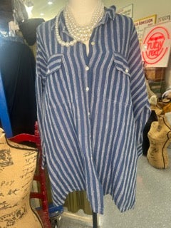 Paper Lace- Striped Button Down Linen Shirt (Blue)